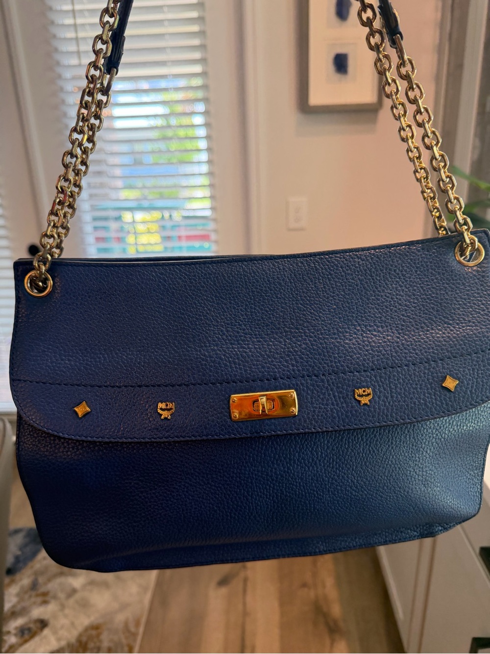 Authentic MCM Navy Leather Crossbody / Shoulder Bag with Gold Chain